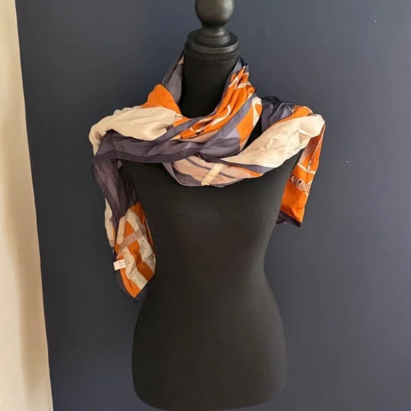 Silk Equestrian Scarf Orange Gray Cream Horse Bit Print - Picture 3 of 5